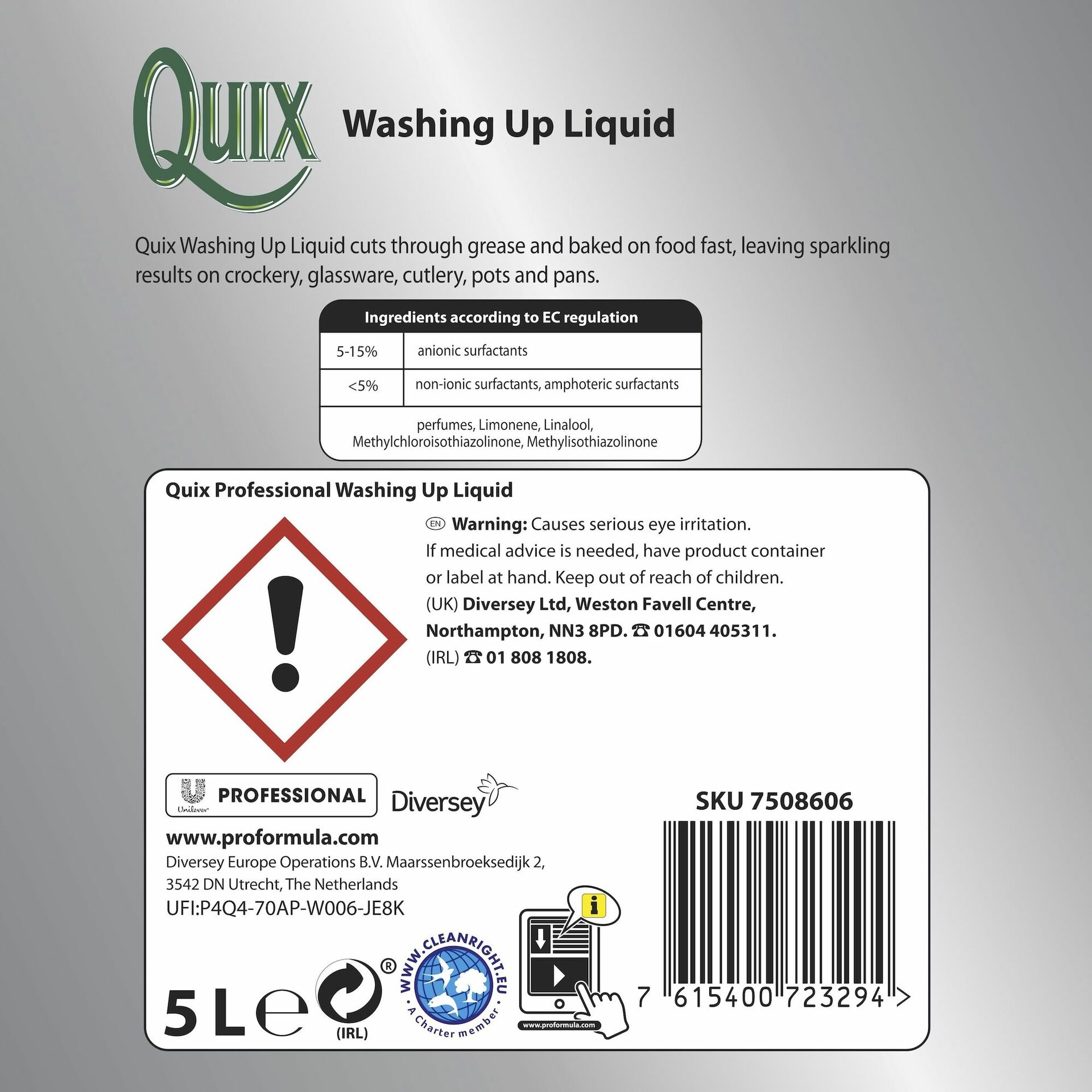 Quix Pro Formula Washing Up Liquid 2x5L Washing up liquid Diversey